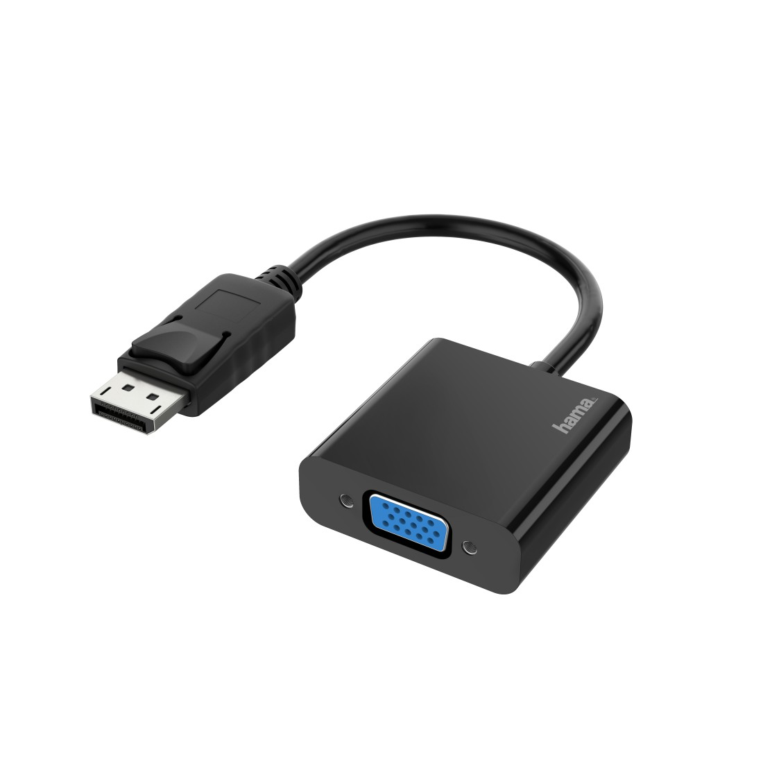 Schwarzer Adapter mit DisplayPort-Eingang und VGA-Ausgang.