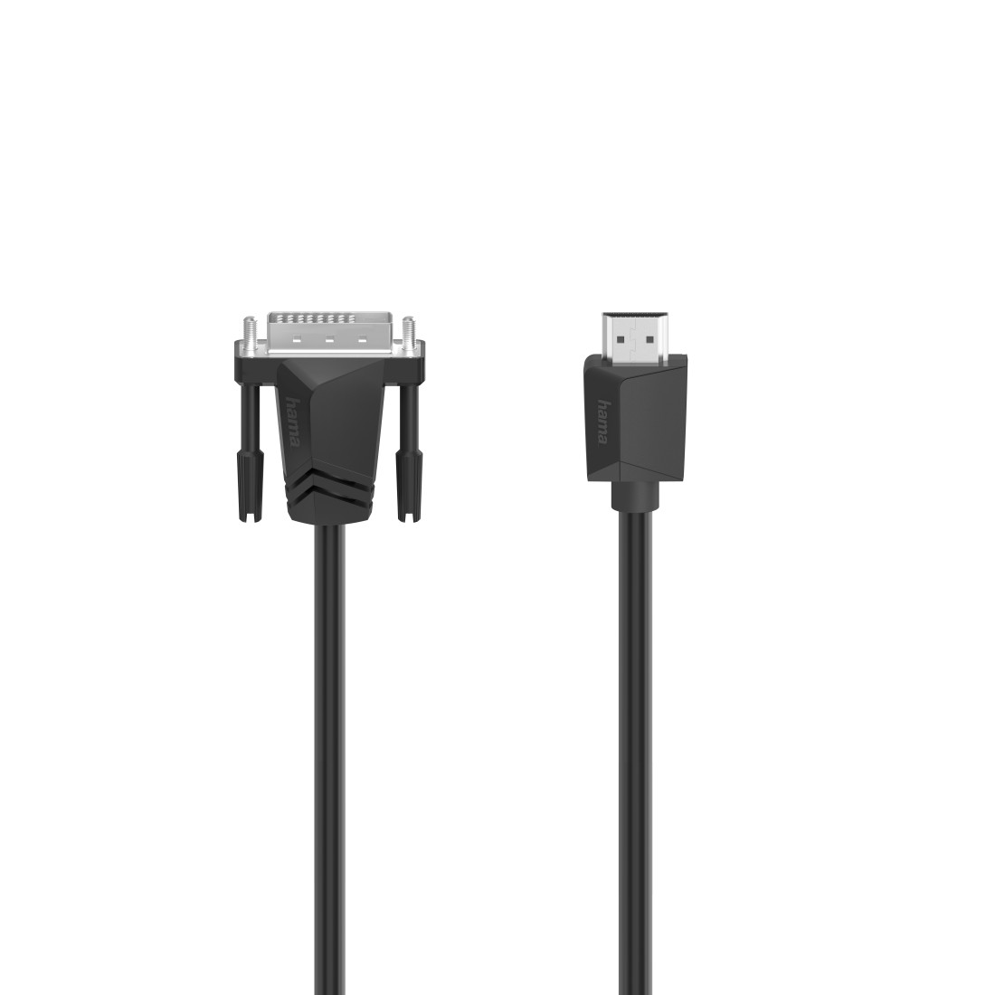 Schwarzes HDMI-zu-DVI-Kabel. Ein Ende ist HDMI, das andere DVI. Beide sind schwarz.