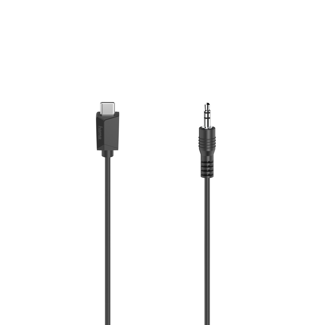 Schwarzes USB-C-Kabel und schwarzes 3,5-mm-Audiokabel, beide auf weißem Hintergrund.
