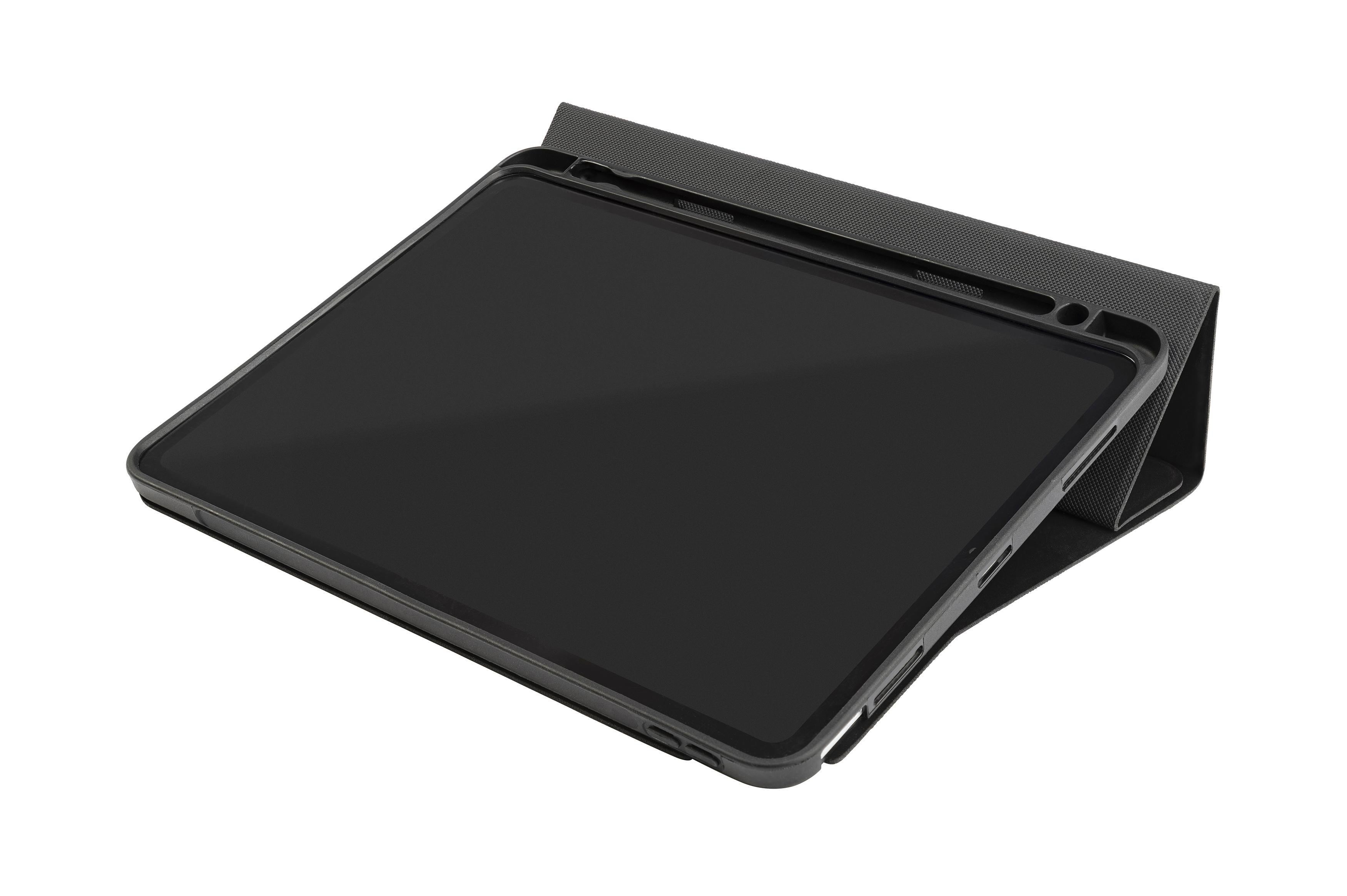 Schwarzes Tablet in schwarzer Hülle, teilweise geöffnet. Der Bildschirm ist sichtbar und schwarz, leicht angewinkelt.