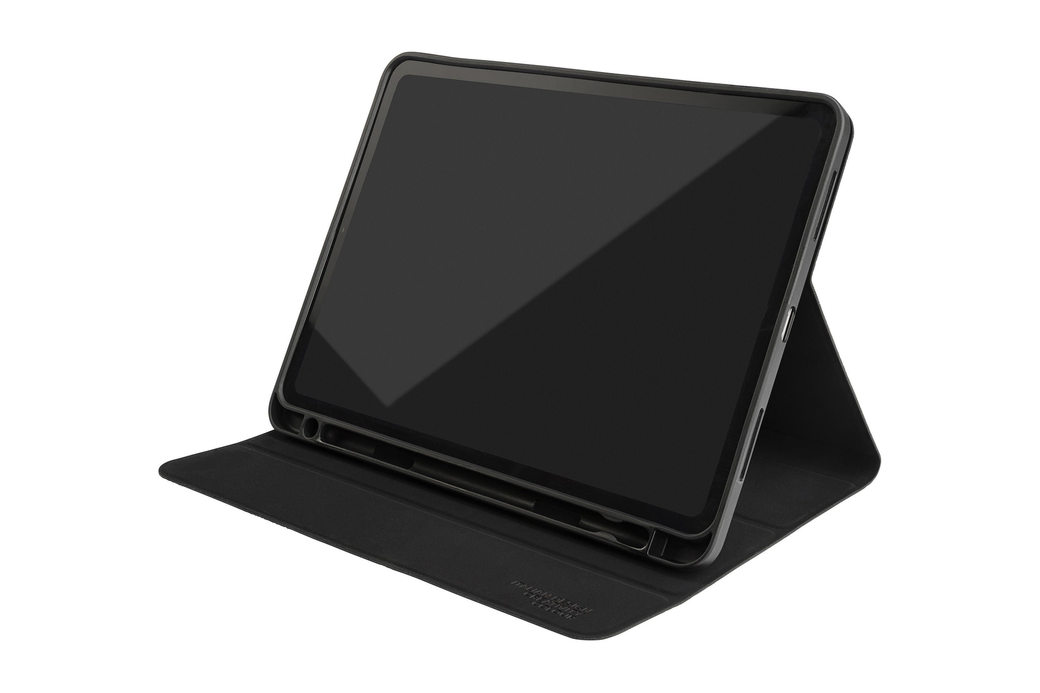 Ein schwarzes Tablet mit Hülle. Das Tablet ist geöffnet und angewinkelt.