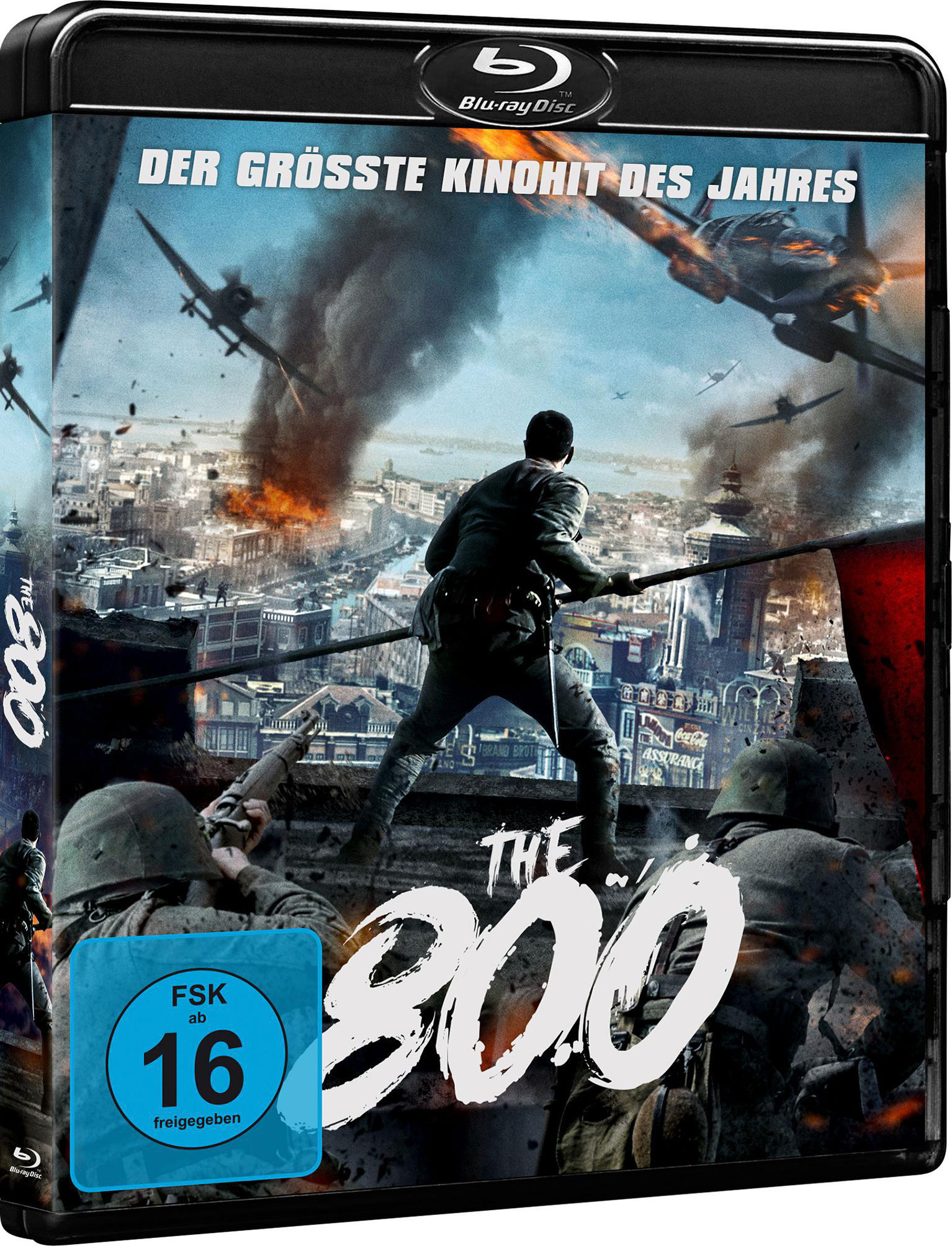 Filmcover: The 800. Soldaten in einer angegriffenen Stadt, Flugzeuge am Himmel und Blu-ray Disc Logo.