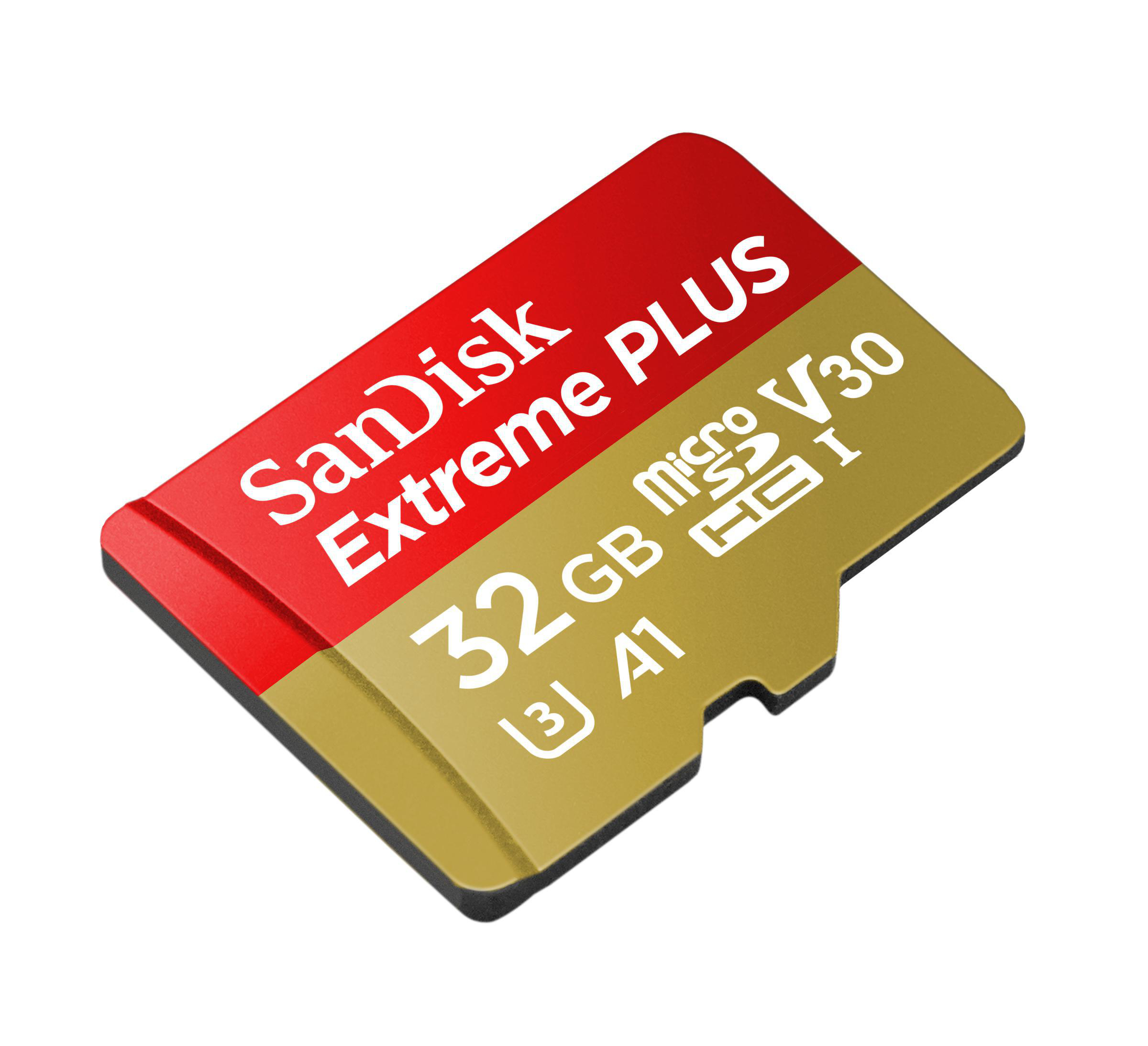 Eine rot-goldene SanDisk Extreme PLUS Micro-SD-Karte. Die Karte ist isoliert.