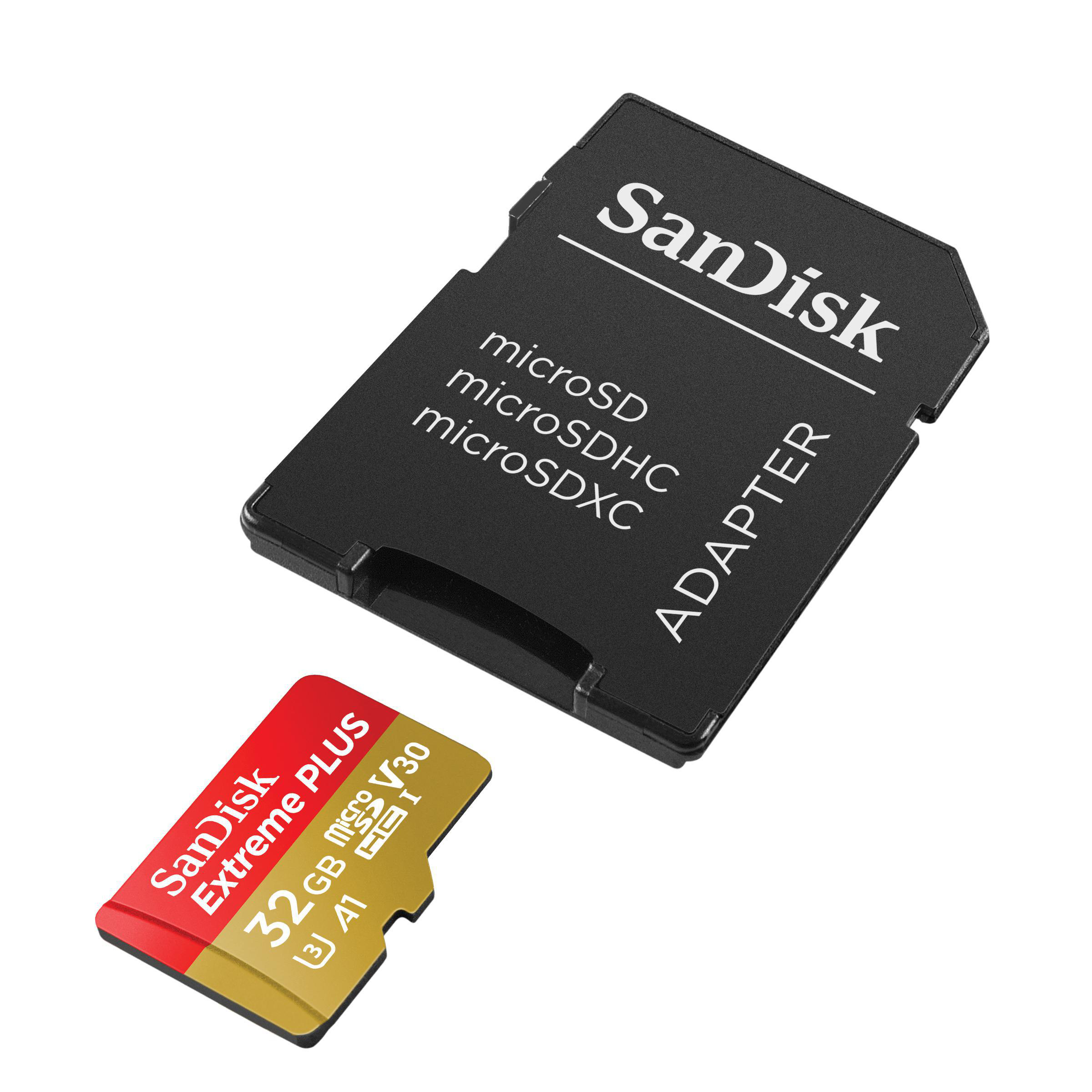 Eine Micro-SD-Karte mit Adapter, auf weißem Hintergrund.