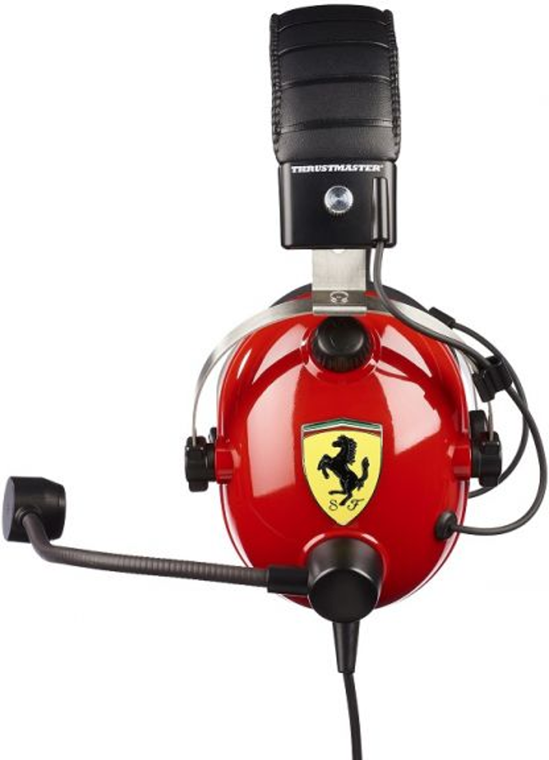 Casque Ferrari rouge avec microphone noir. Arceau argenté et logo Ferrari visible.
