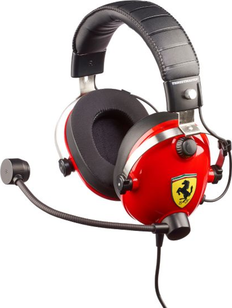 Casque Ferrari rouge avec microphone. Bandeau en cuir noir. Logo Ferrari sur l'écouteur.