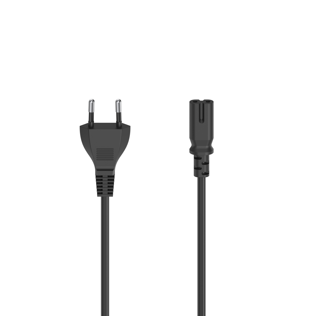 Schwarzes Netzkabel mit zwei verschiedenen Enden vor schwarzem Hintergrund.