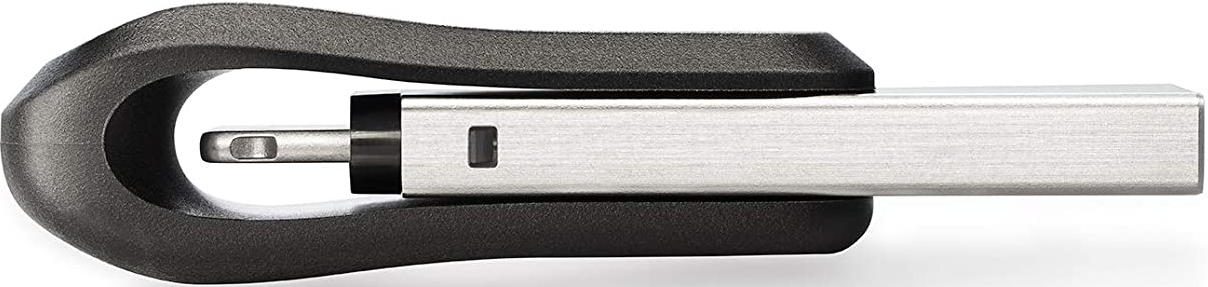 Una chiavetta USB nera e argento con un design ad anello distintivo.