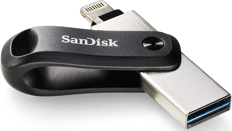 Pen drive Sandisk, nero e argento, connettore Lightning per iPhone.