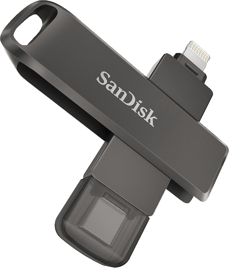 Clé USB SanDisk gris foncé avec connecteur Lightning. Le logo de la marque est sur son corps.