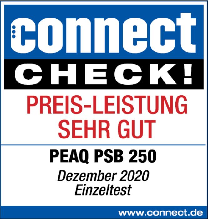 Ein weißes Rechteck mit Text. Der Text lautet 'connect CHECK! PREIS-LEISTUNG SEHR GUT PEAQ PSB 250 Dezember 2020 Einzeltest'