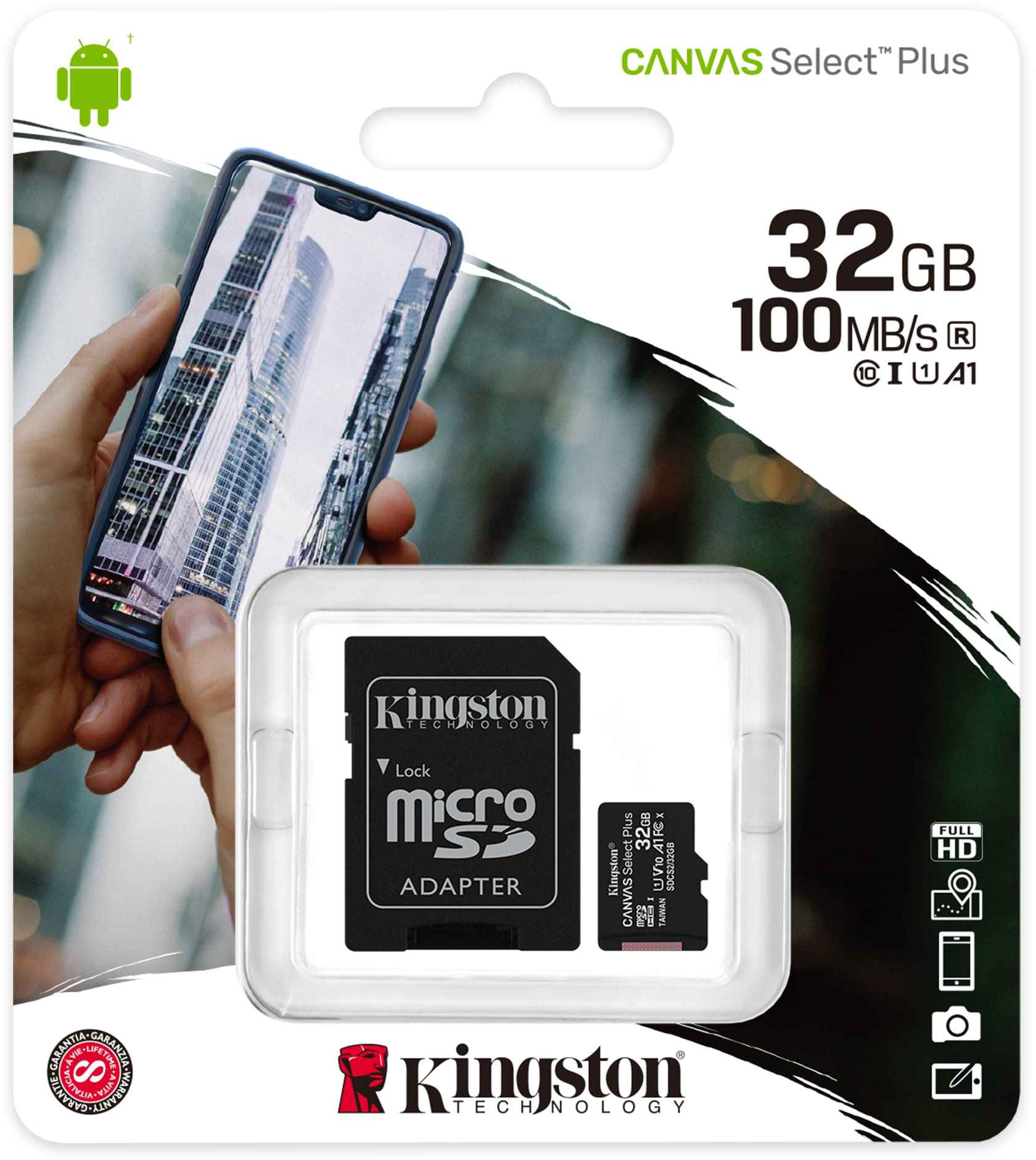 Kingston MicroSD kártya csomagolásban, telefonnal és logóval.