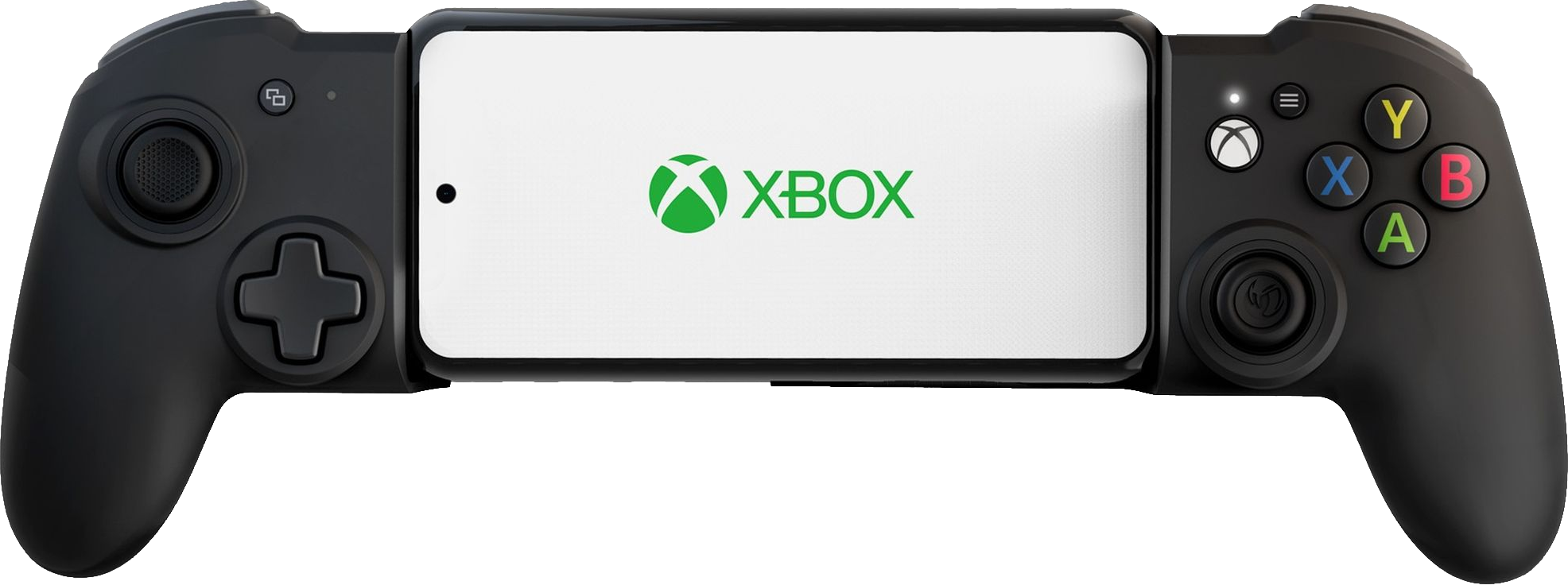Schwarzes Gamepad mit Telefon in der Mitte. Das Telefon zeigt das Xbox-Logo. Weißer Hintergrund.