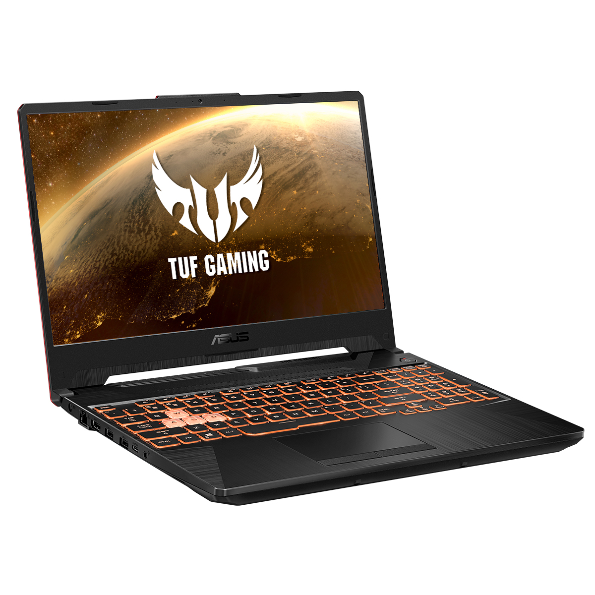 Laptop negro, teclado retroiluminado naranja, pantalla muestra tierra y logo. Fondo blanco.
