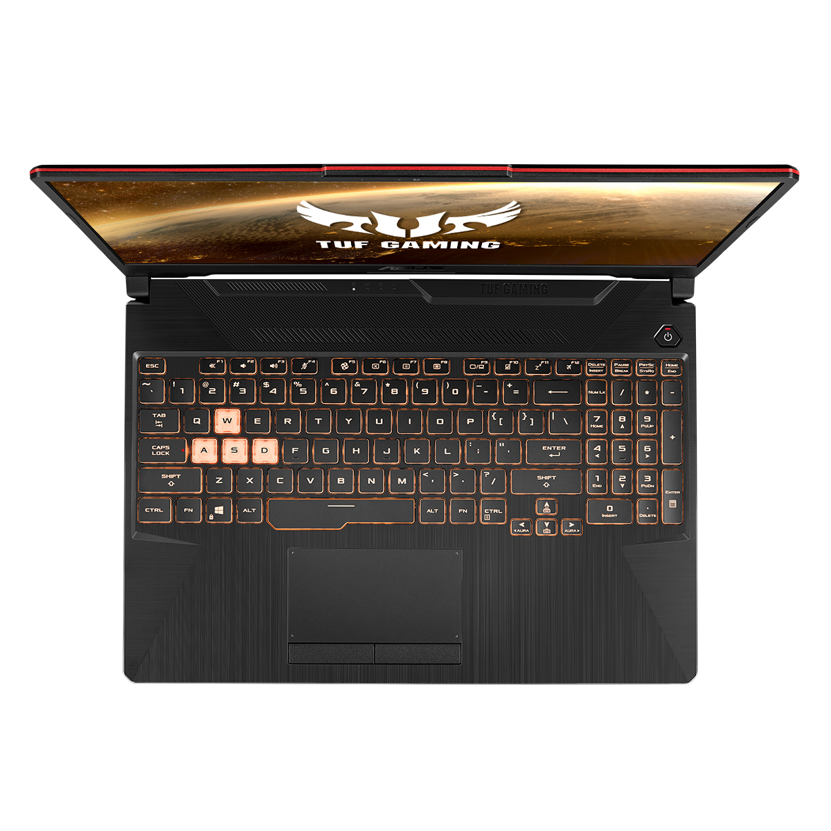 Vista superior de una laptop negra con pantalla abierta y teclas naranjas iluminadas.