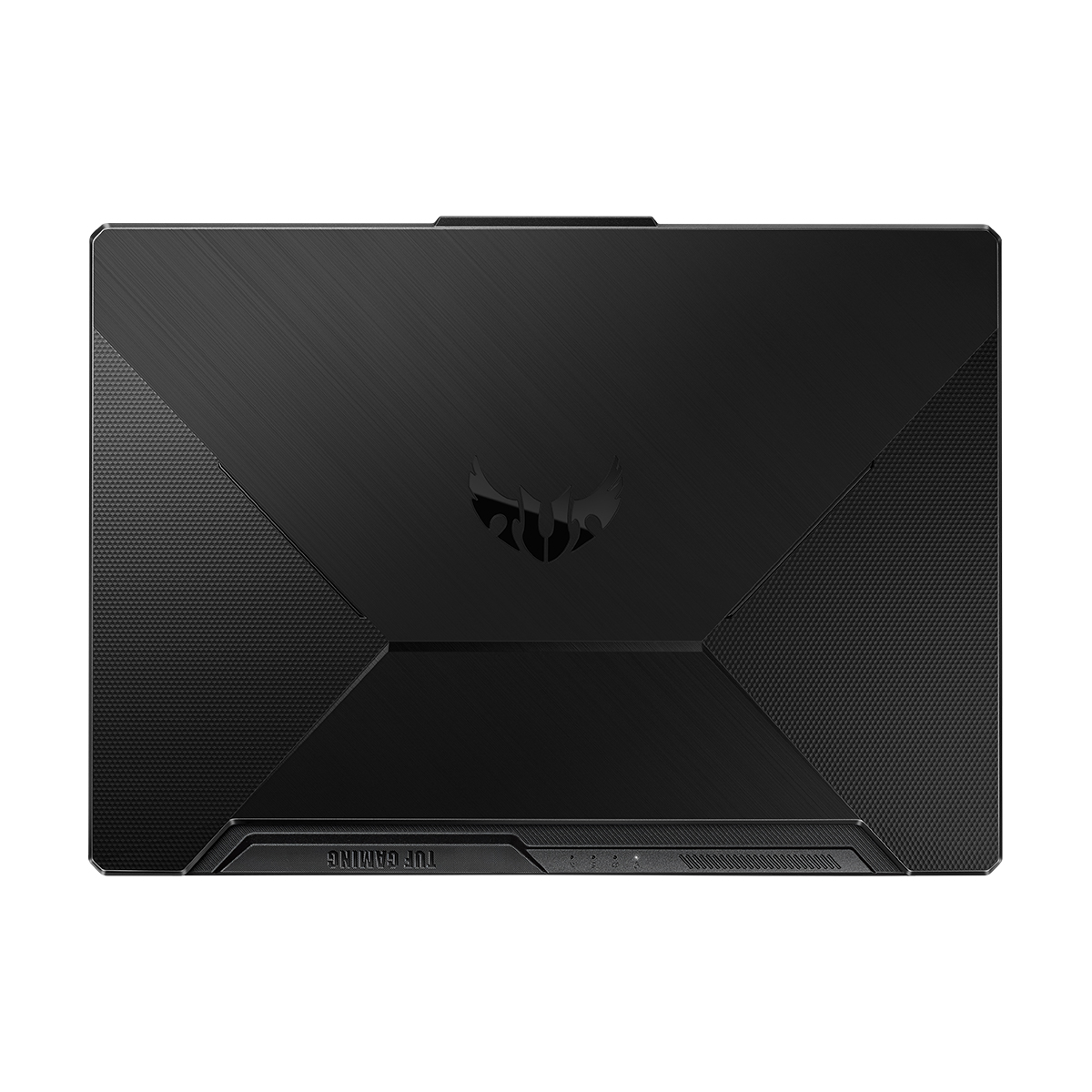 Vista trasera de un portátil gaming negro con el logotipo de TUF Gaming.
