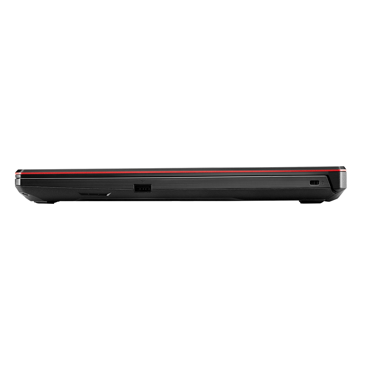 Laptop negro, vista lateral, con detalles rojos. Fondo blanco.