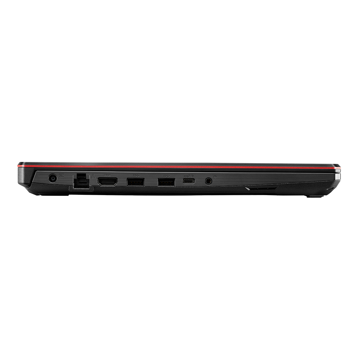 Laptop negro, vista lateral, con detalles rojos y puertos. Fondo blanco.