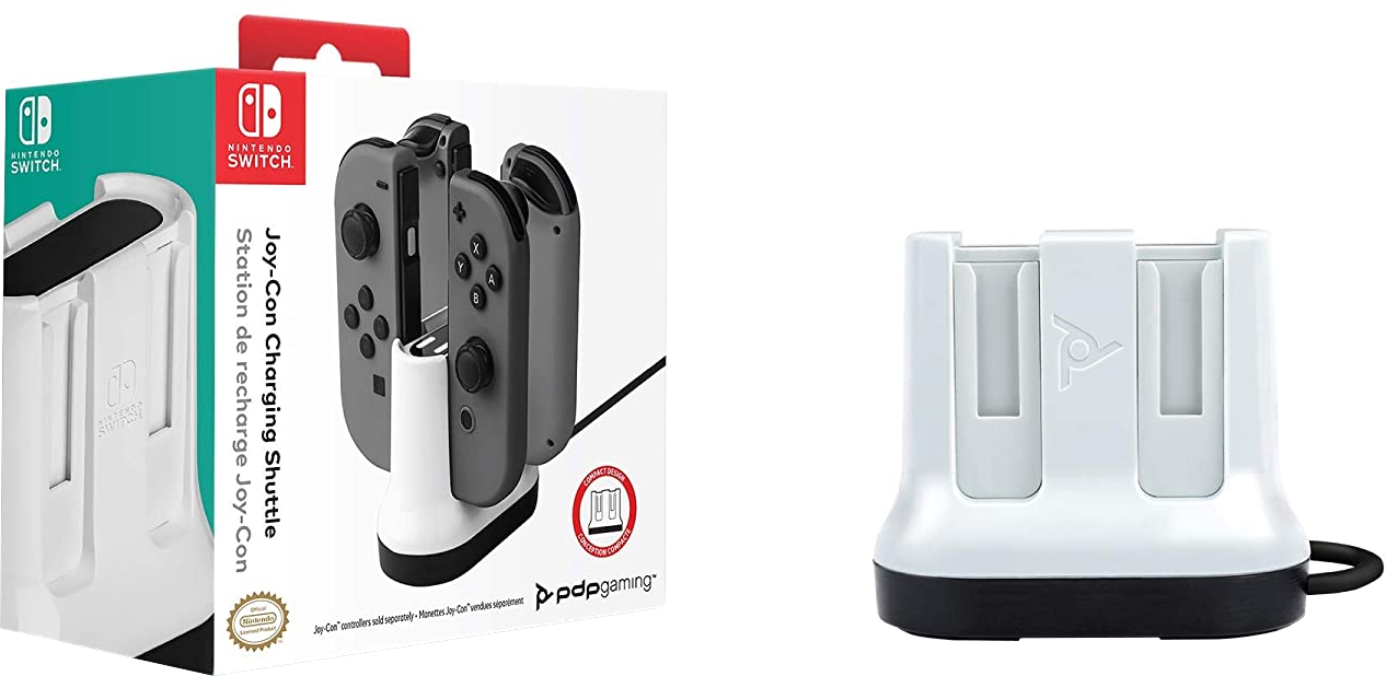 Zwei Bilder: eine Joy-Con-Ladestation und eine Nintendo Switch-Dockingstation. Beide sind weiß.
