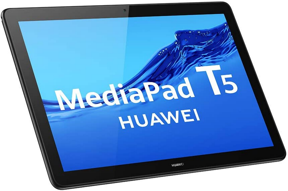 Tableta Huawei MediaPad T5 negra que muestra una pantalla azul con texto blanco.