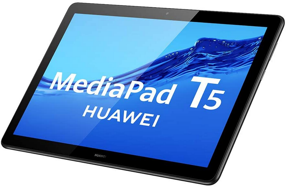 Tableta con marco negro y pantalla azul que muestra MediaPad T5.
