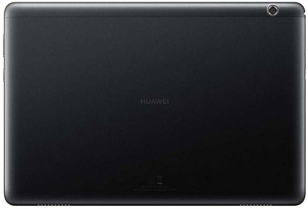 La parte trasera de una tableta Huawei negra es visible, con el logotipo de la marca centrado.