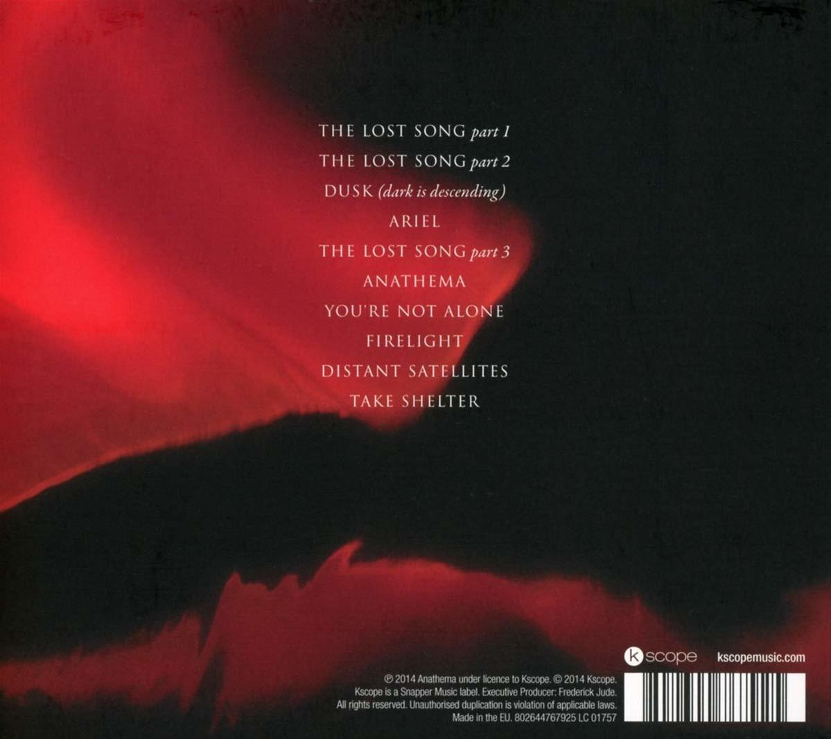 Rückseite einer CD mit roten und schwarzen Tönen, Songtiteln und dem Label-Logo.