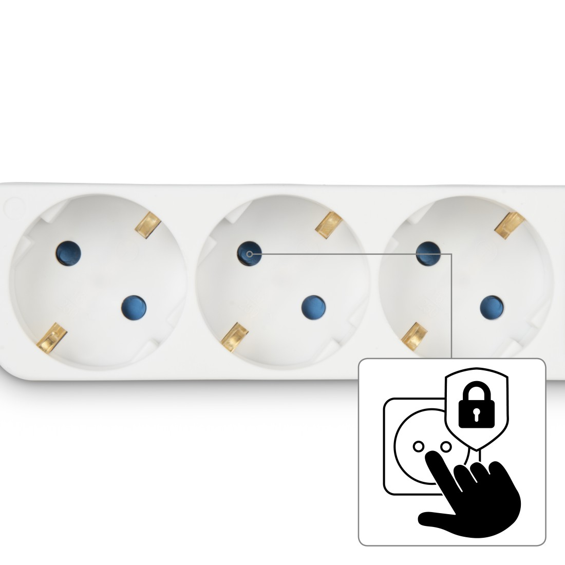 Drei weiße Steckdosen mit Kindersicherung und einem Symbol für einen Fingerdruck.
