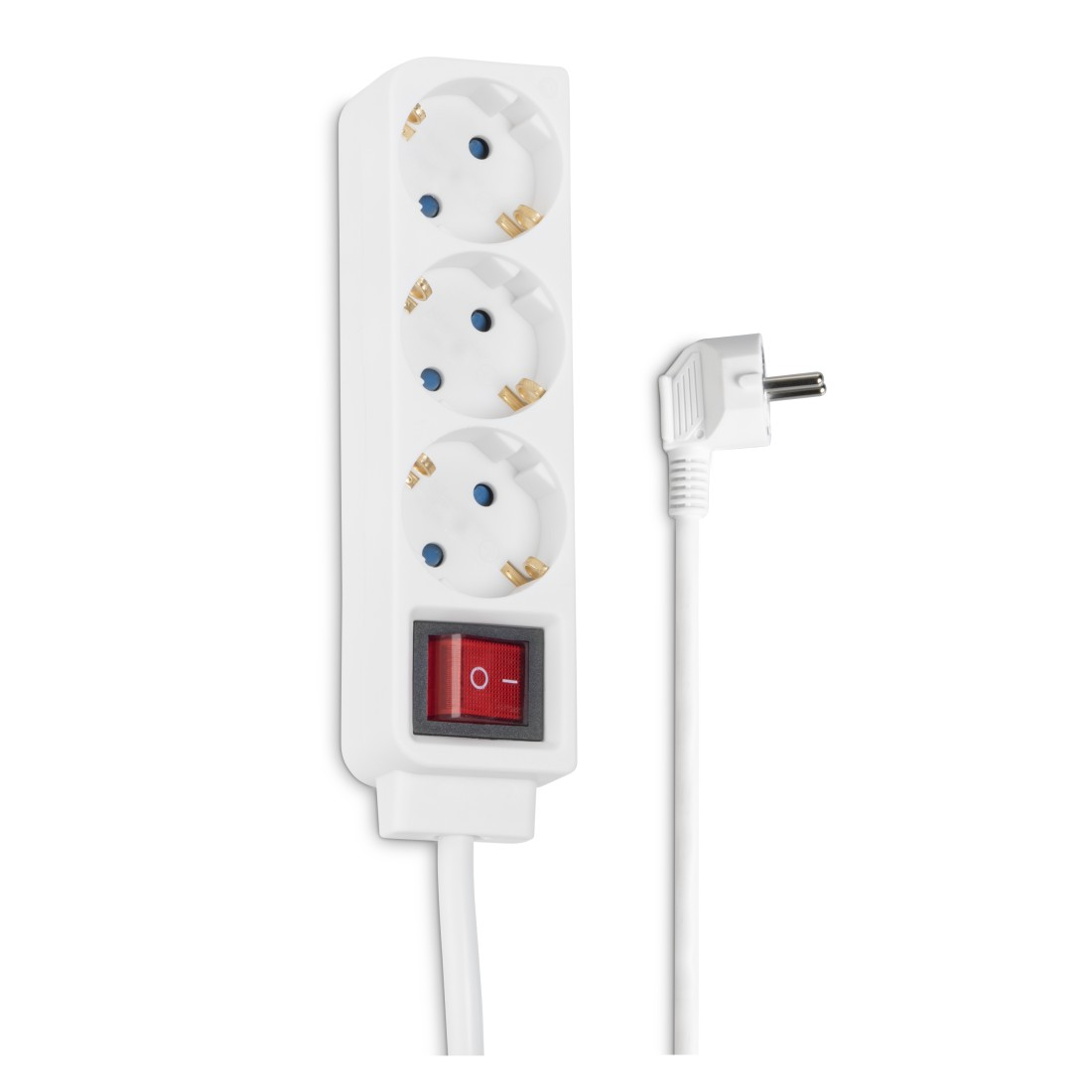Weiße Steckdosenleiste mit drei Steckplätzen und rotem Schalter. Weißer Stecker.