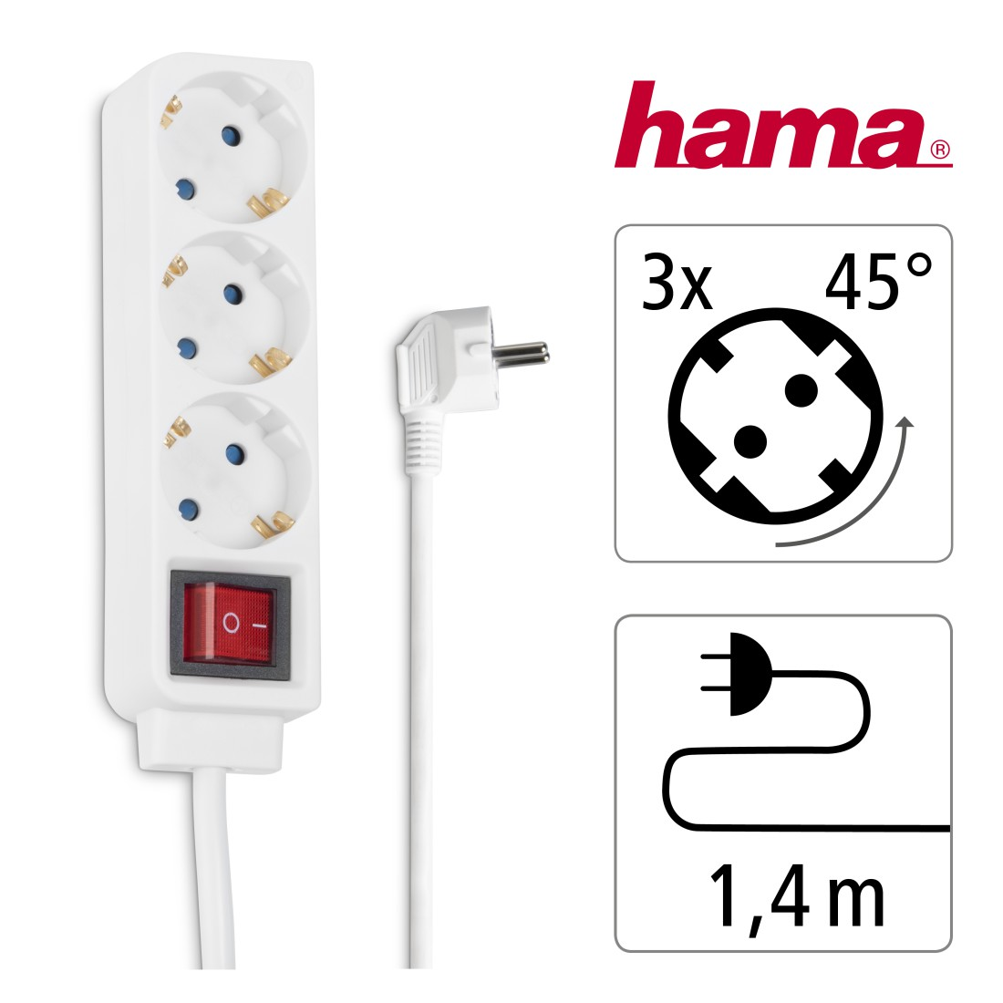 Weiße Steckdosenleiste mit 3 Steckdosen, Schalter und 1,4m Kabel.
