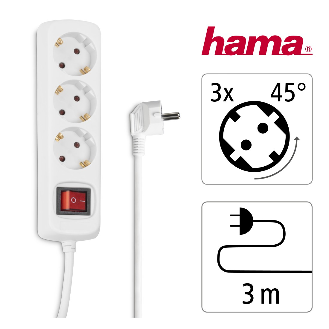 Weiße Hama Steckdosenleiste mit rotem Schalter, 3 Steckdosen, 45 Grad, 3m Kabel.