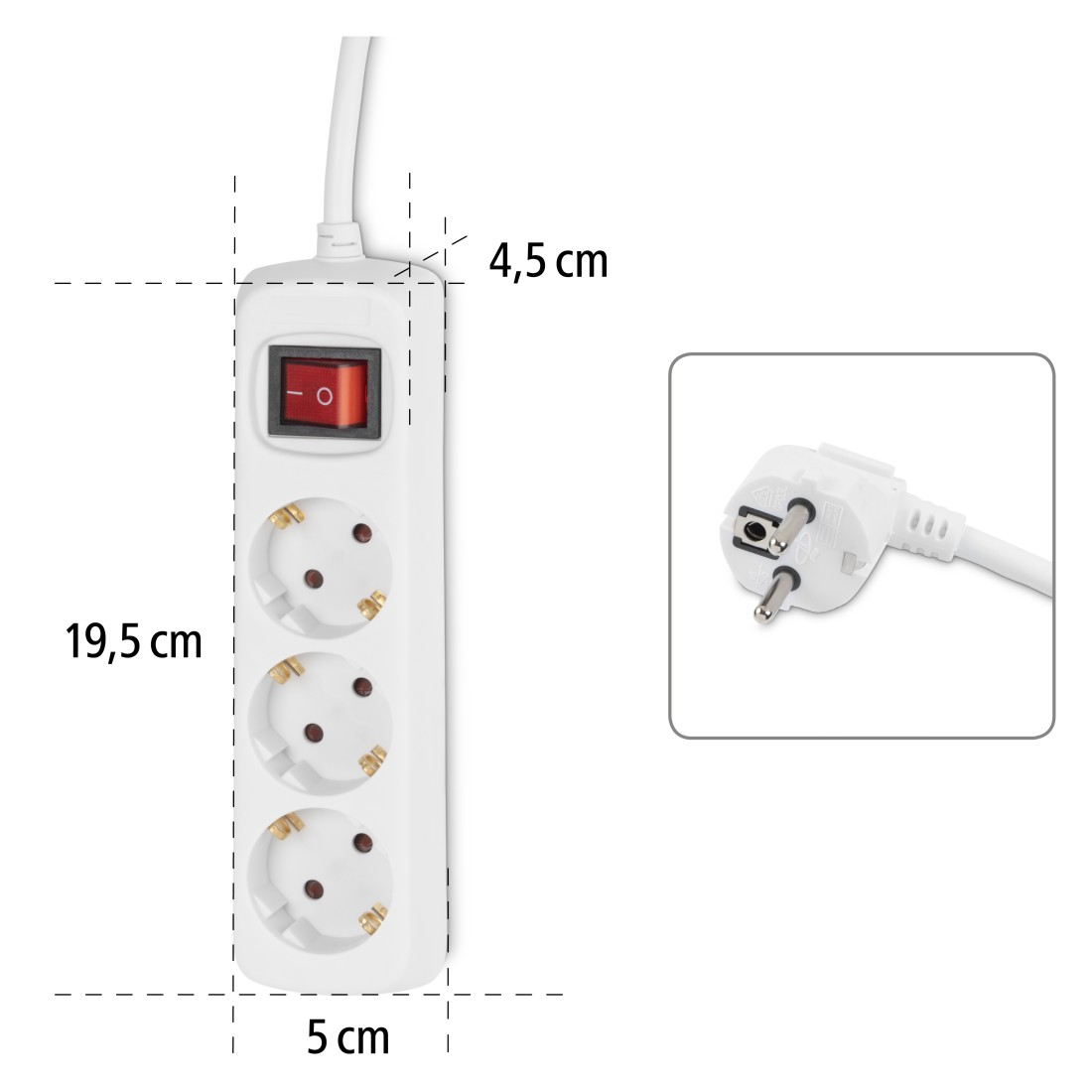 Weiße Steckdosenleiste mit rotem Schalter, drei Steckplätzen und Stecker.