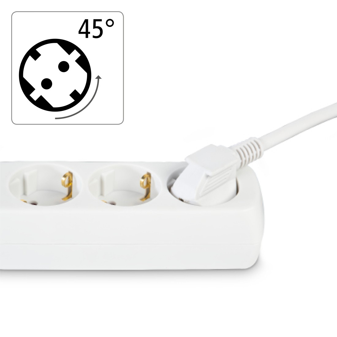 Ein weißer Mehrfachsteckdosenadapter mit einem eingesteckten Stecker und einem 45°-Symbol.