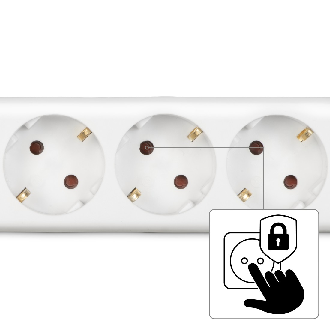 Detailansicht einer Steckdosenleiste mit Kindersicherung und Handsymbol.