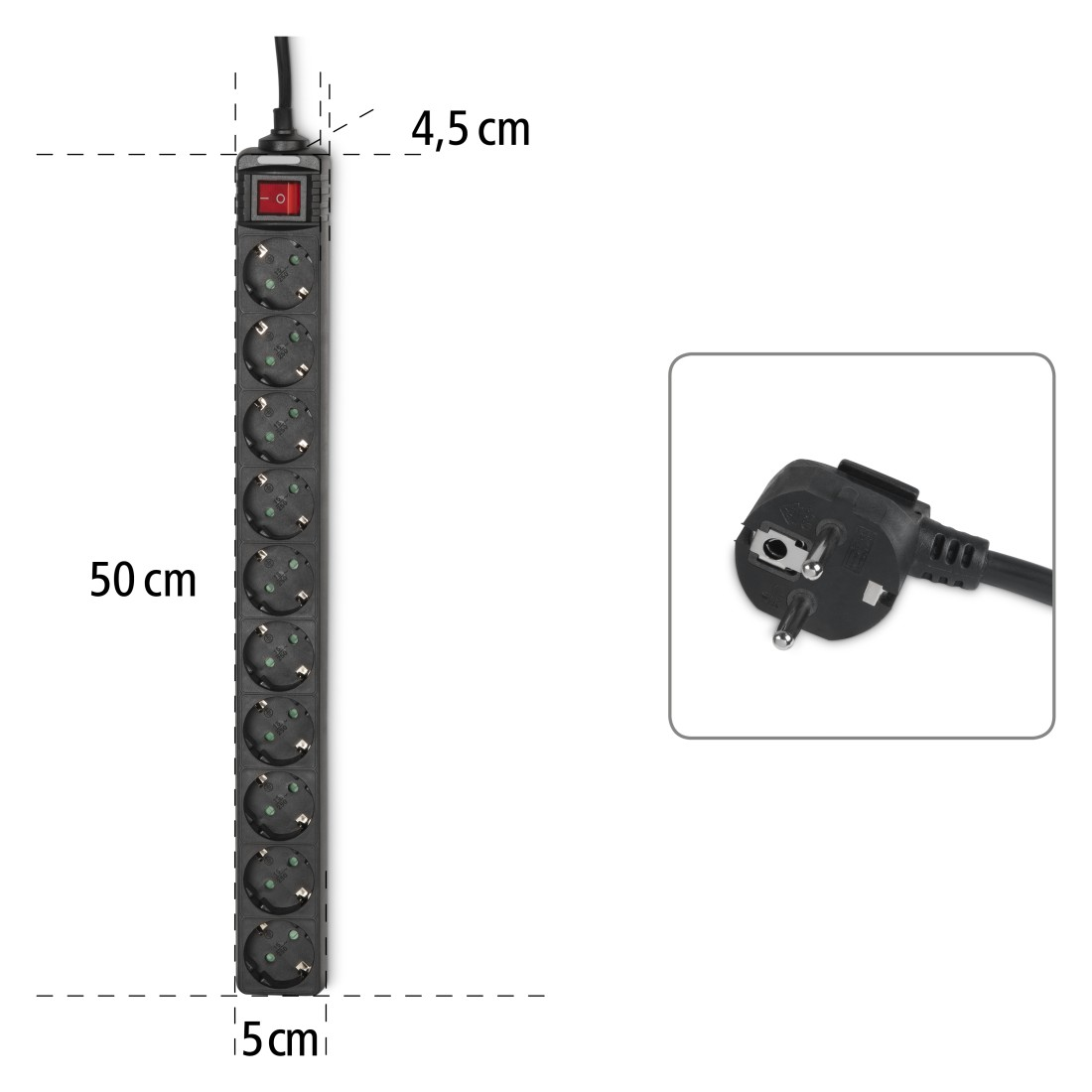 Schwarze Steckdosenleiste mit rotem Schalter und Stecker.