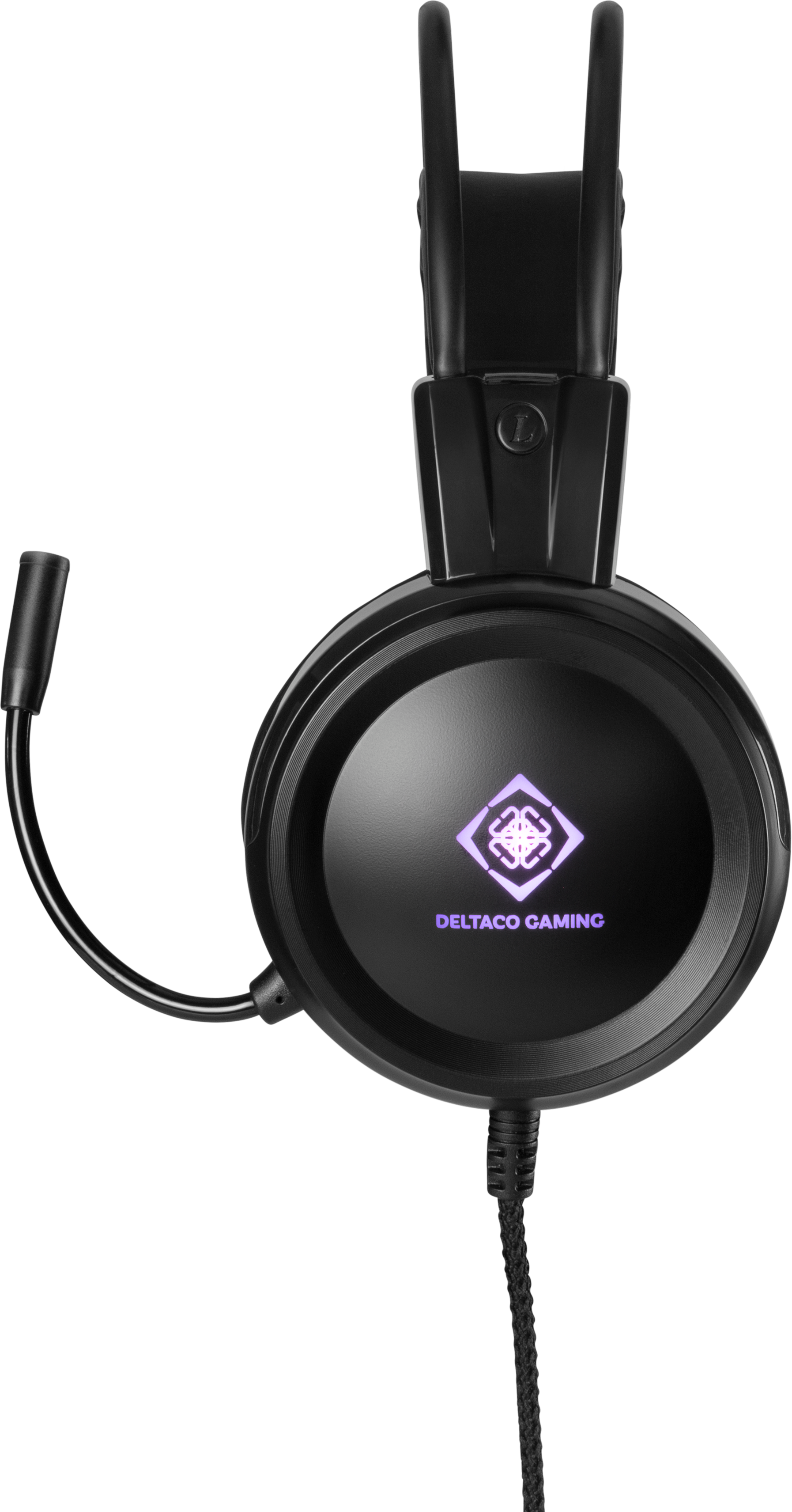 Schwarzes Gaming-Headset mit Mikrofon. Das DELTACO GAMING-Logo ist auf dem Ohrmuschel sichtbar.