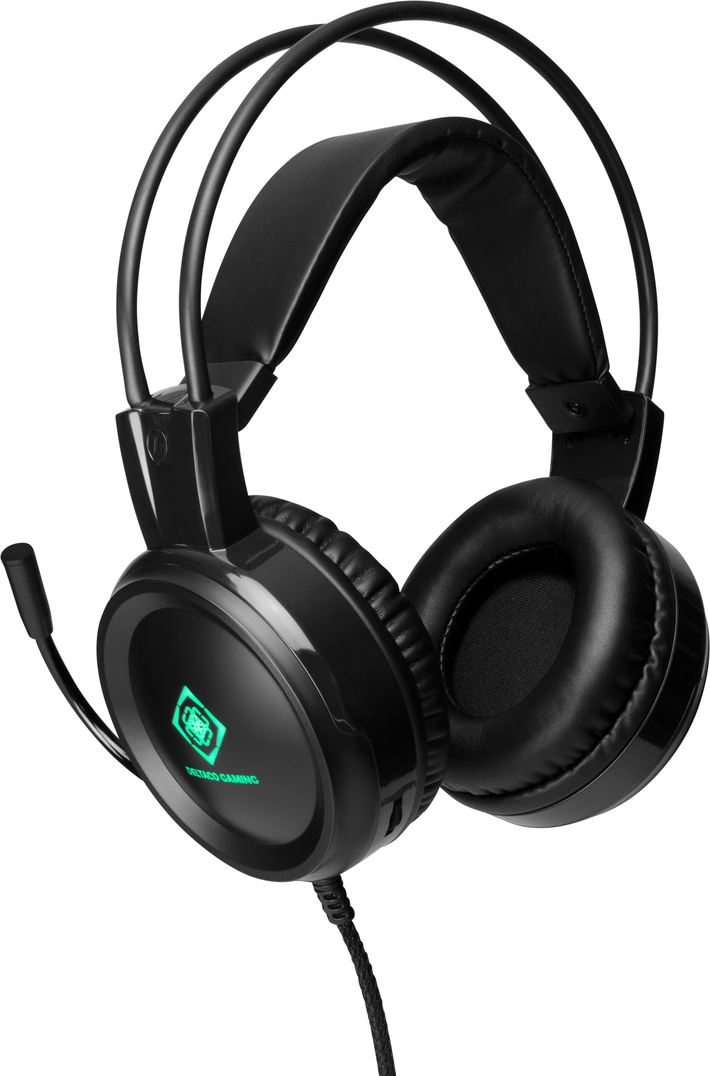 Schwarzes Gaming-Headset mit Mikrofon. Das Logo ist grün und auf der Ohrmuschel.