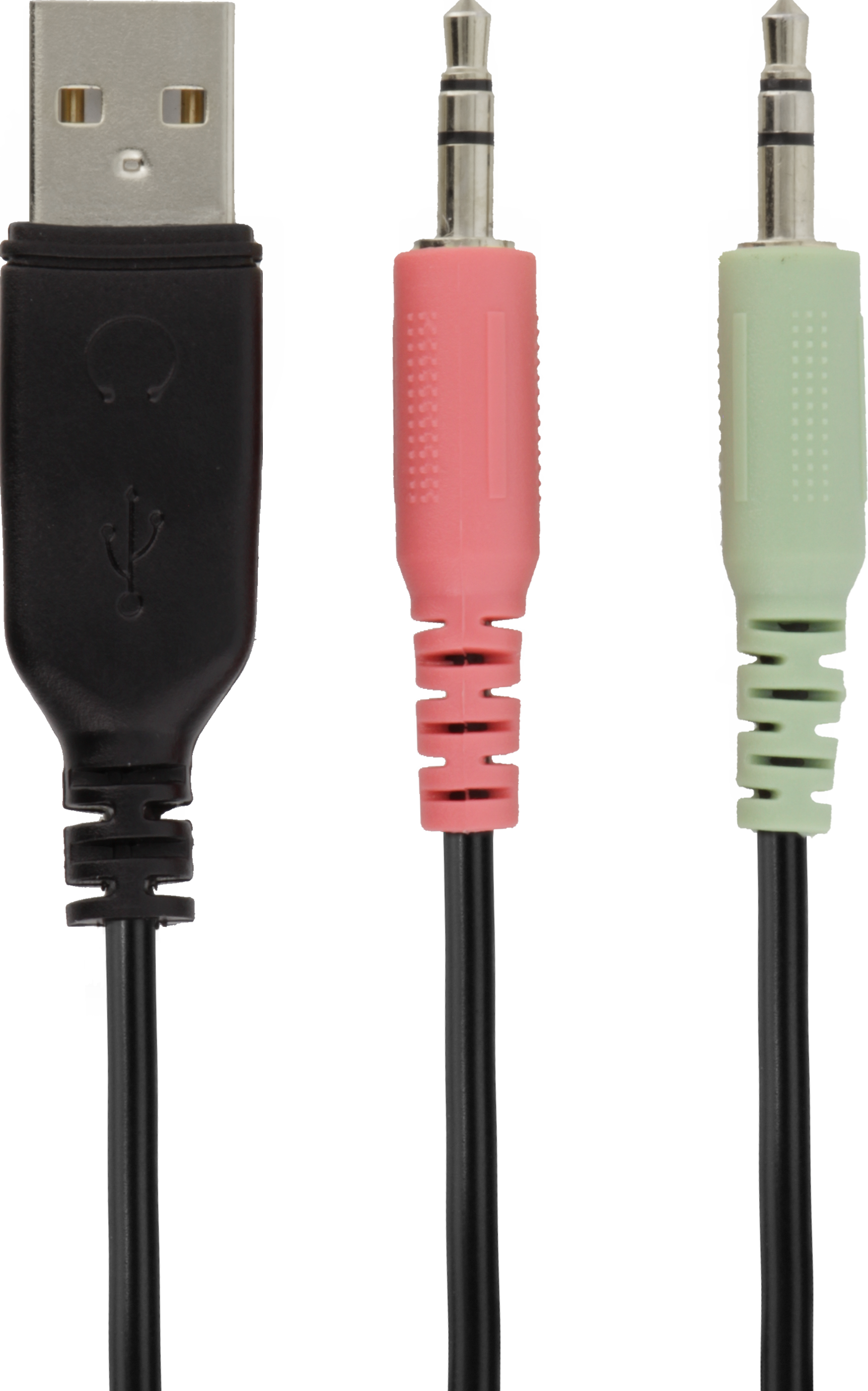 Schwarzer USB-, rosa und grüne Audioanschlüsse an schwarzen Kabeln.