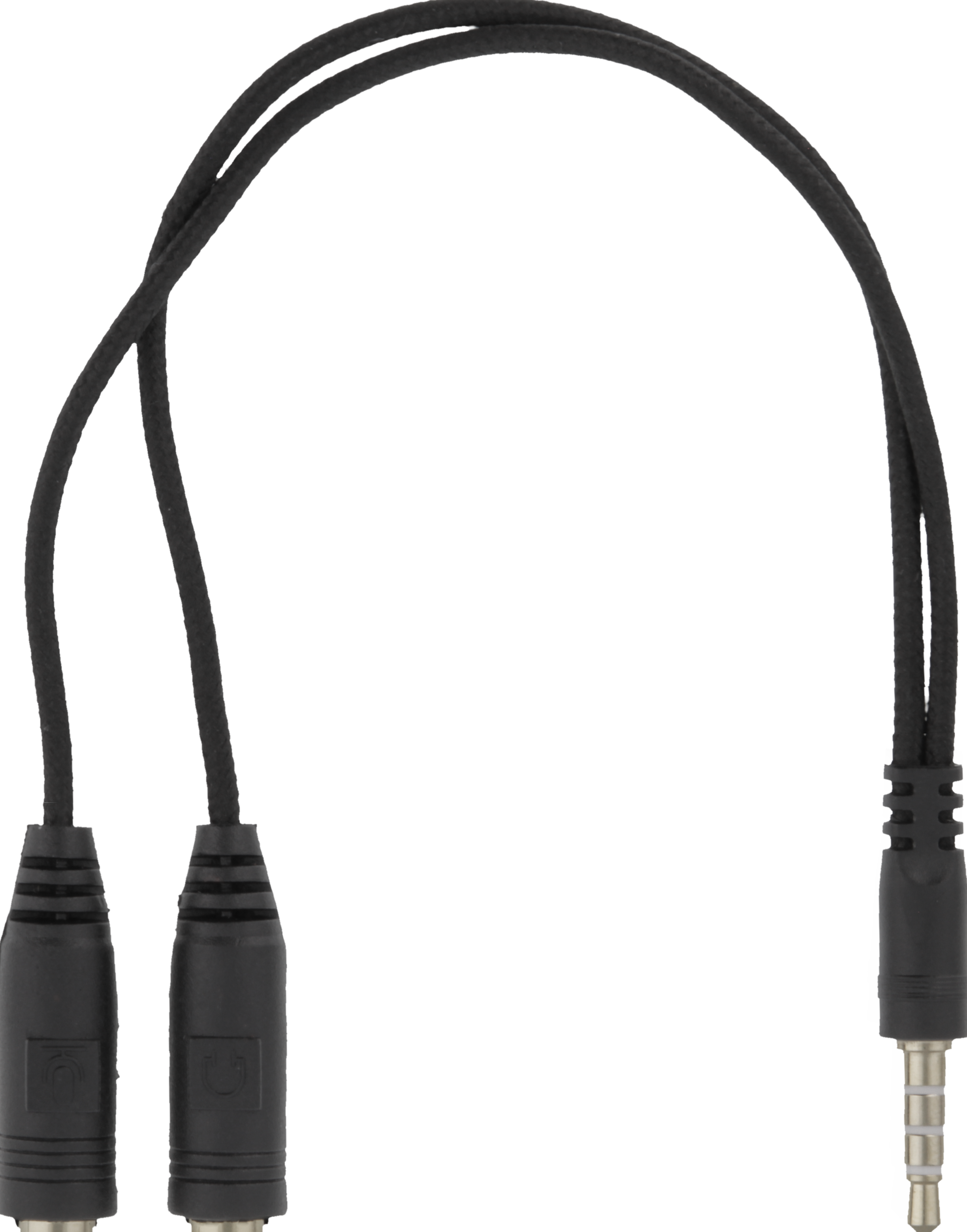 Schwarzes Audiokabel mit zwei Buchsen und einem 3,5-mm-Klinkenstecker.