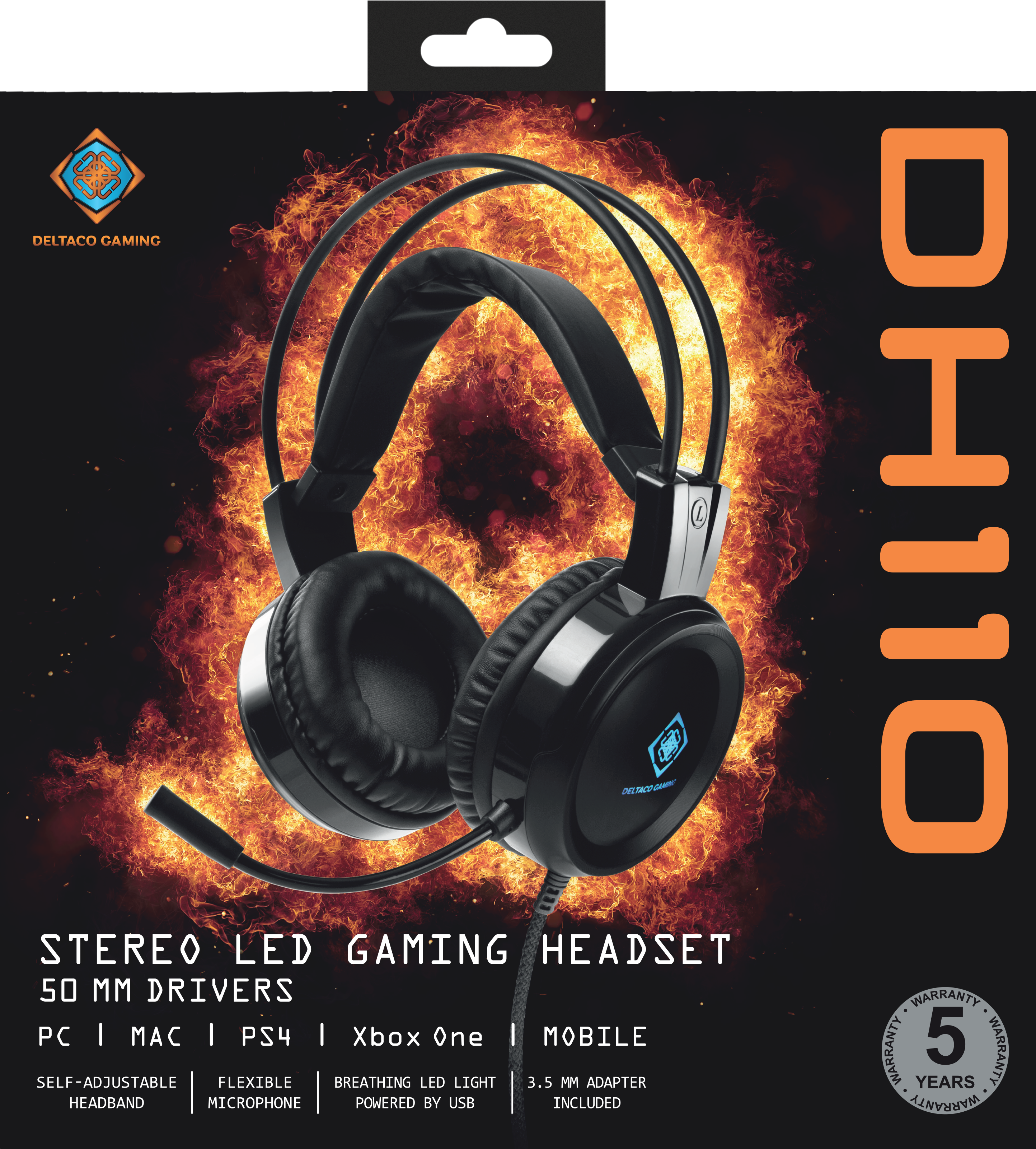 Gaming-Headset-Box mit Headset-Bild. Schwarz-orangenes Farbschema.