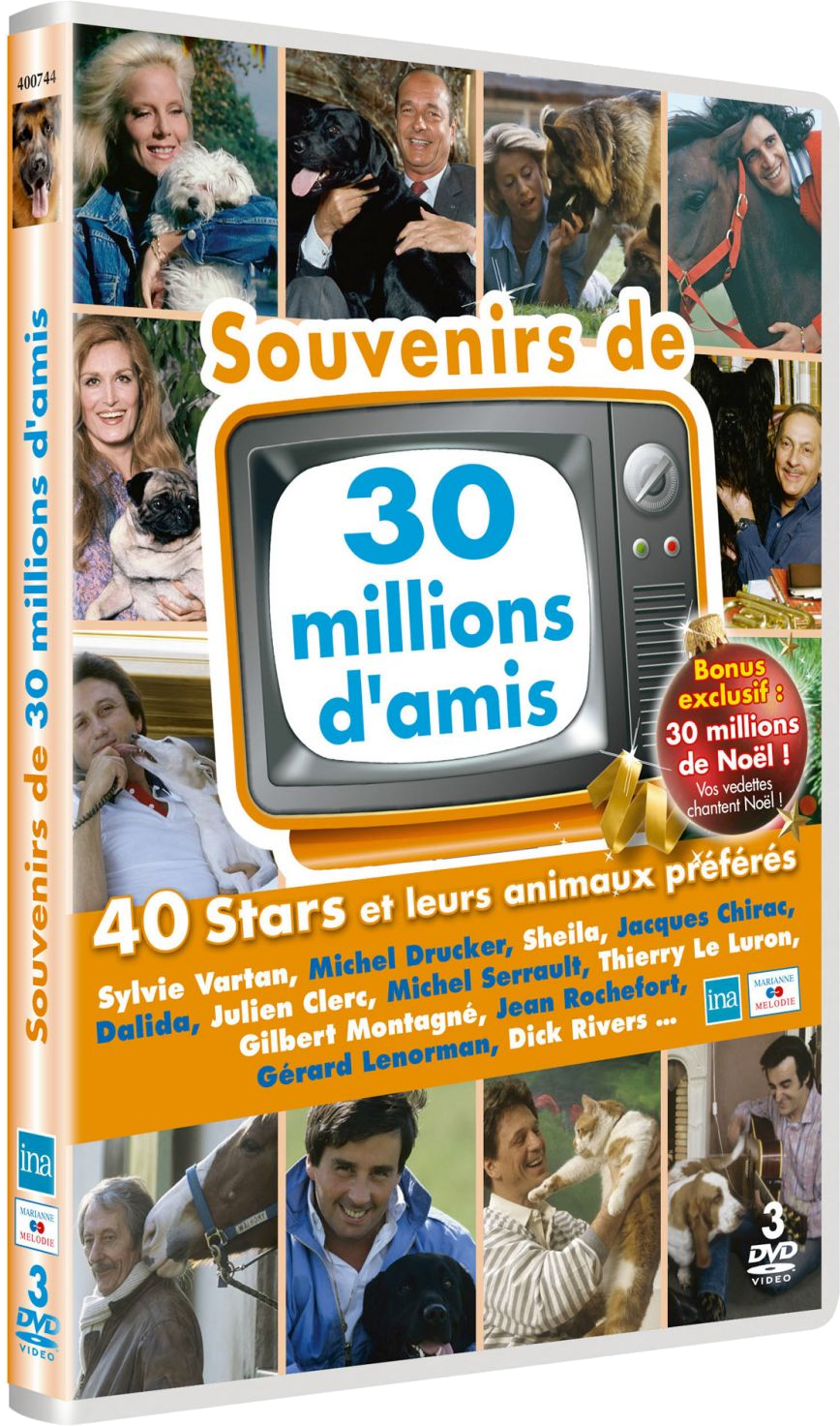 DVD-hoes van 'Souvenirs de 30 millions d'amis'. Toont sterren met huisdieren, een tv-afbeelding en Franse tekst.