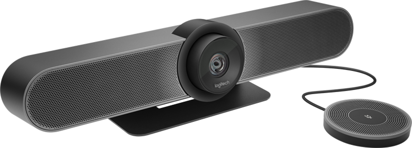 Ein schwarzes Logitech-Videokonferenzgerät mit Kamera und Mikrofon.