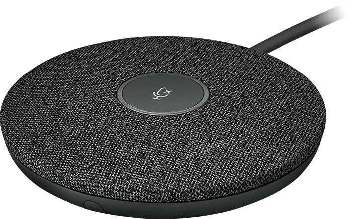 Schwarze Logitech Freisprechanlage mit Mikrofon-Symbol.