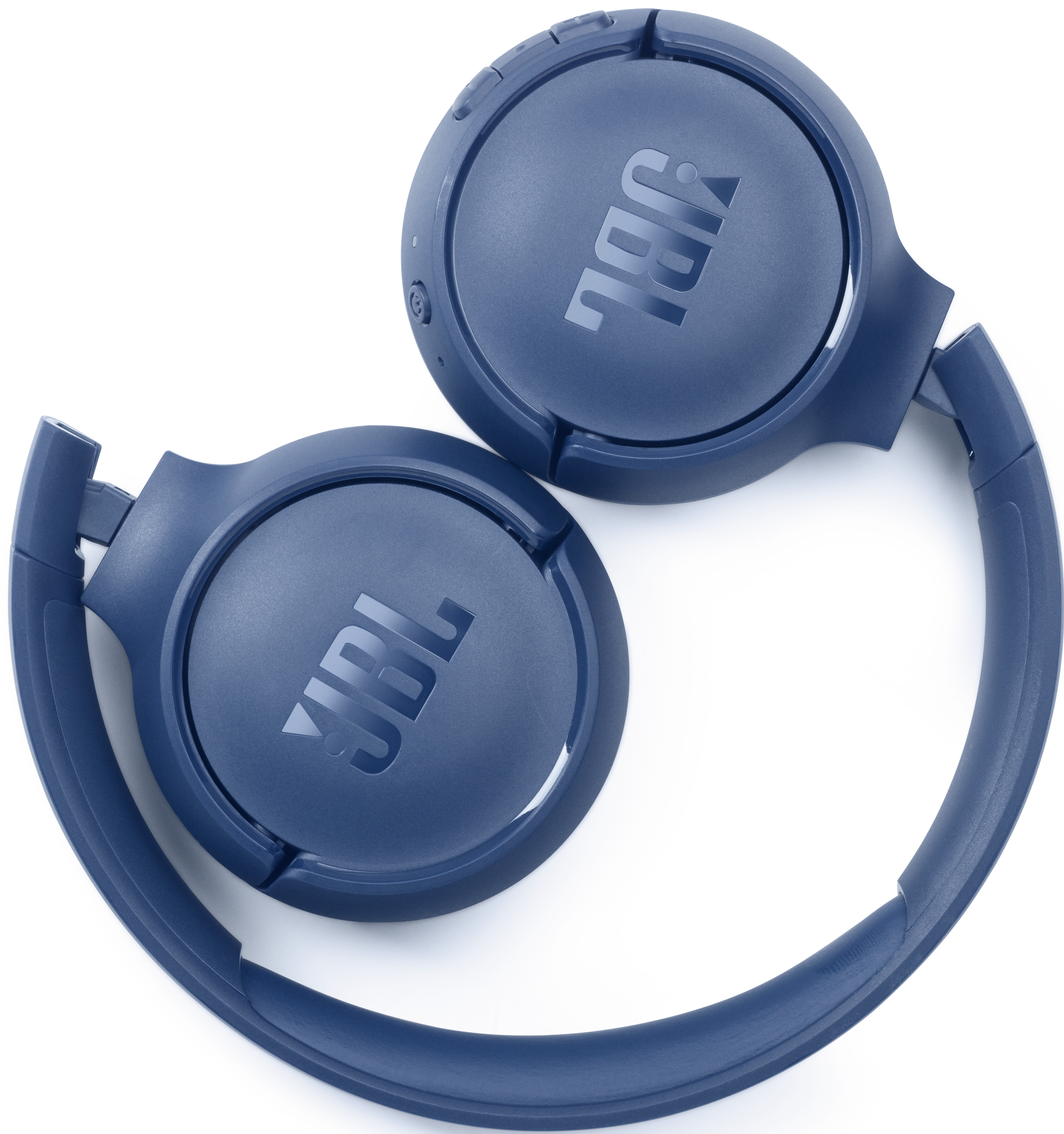 Casque JBL bleu, plié, vue en angle.