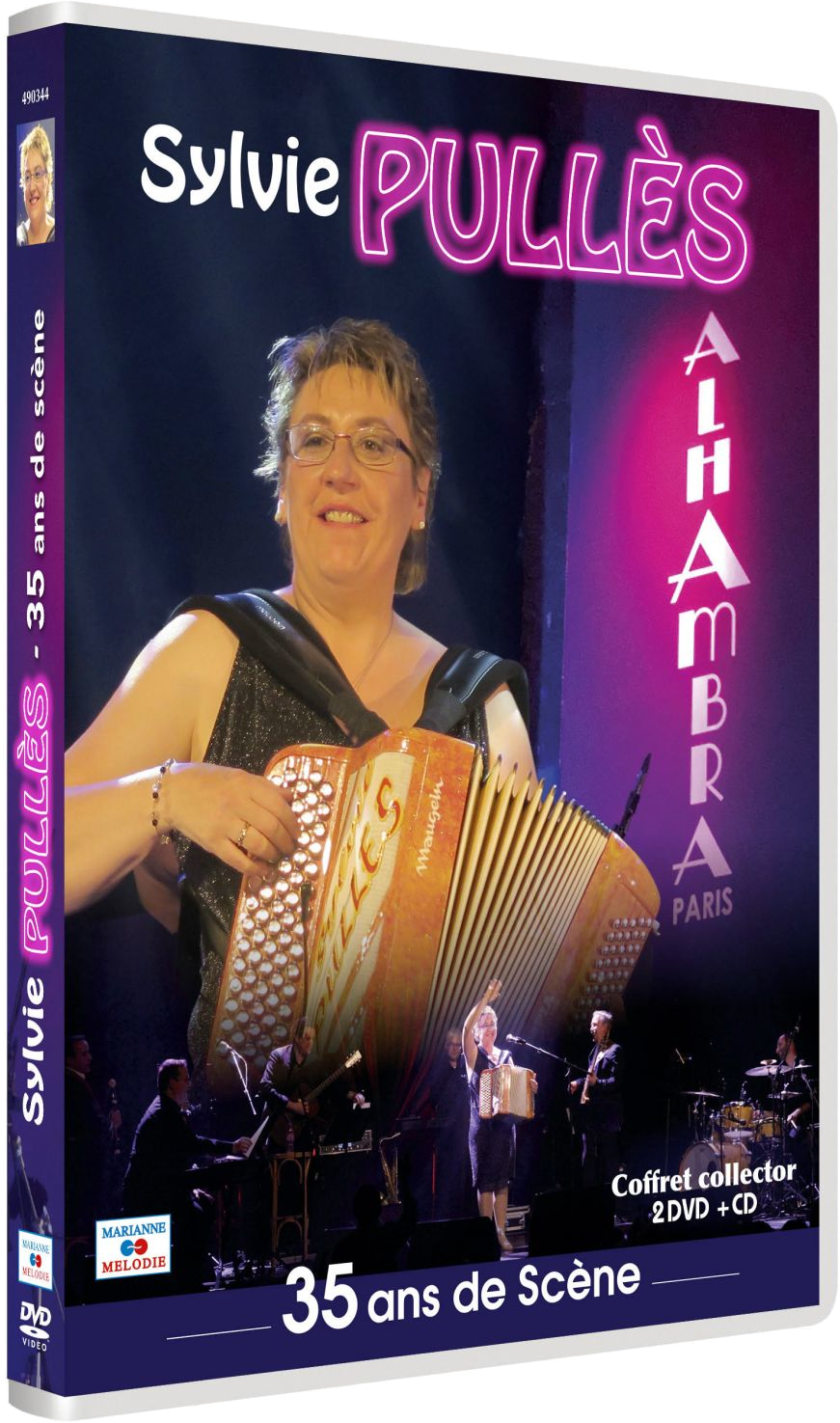 DVD-box: Albumhoes van Sylvie Pullès. Vrouw die accordeon speelt, met tekst en afbeeldingen.