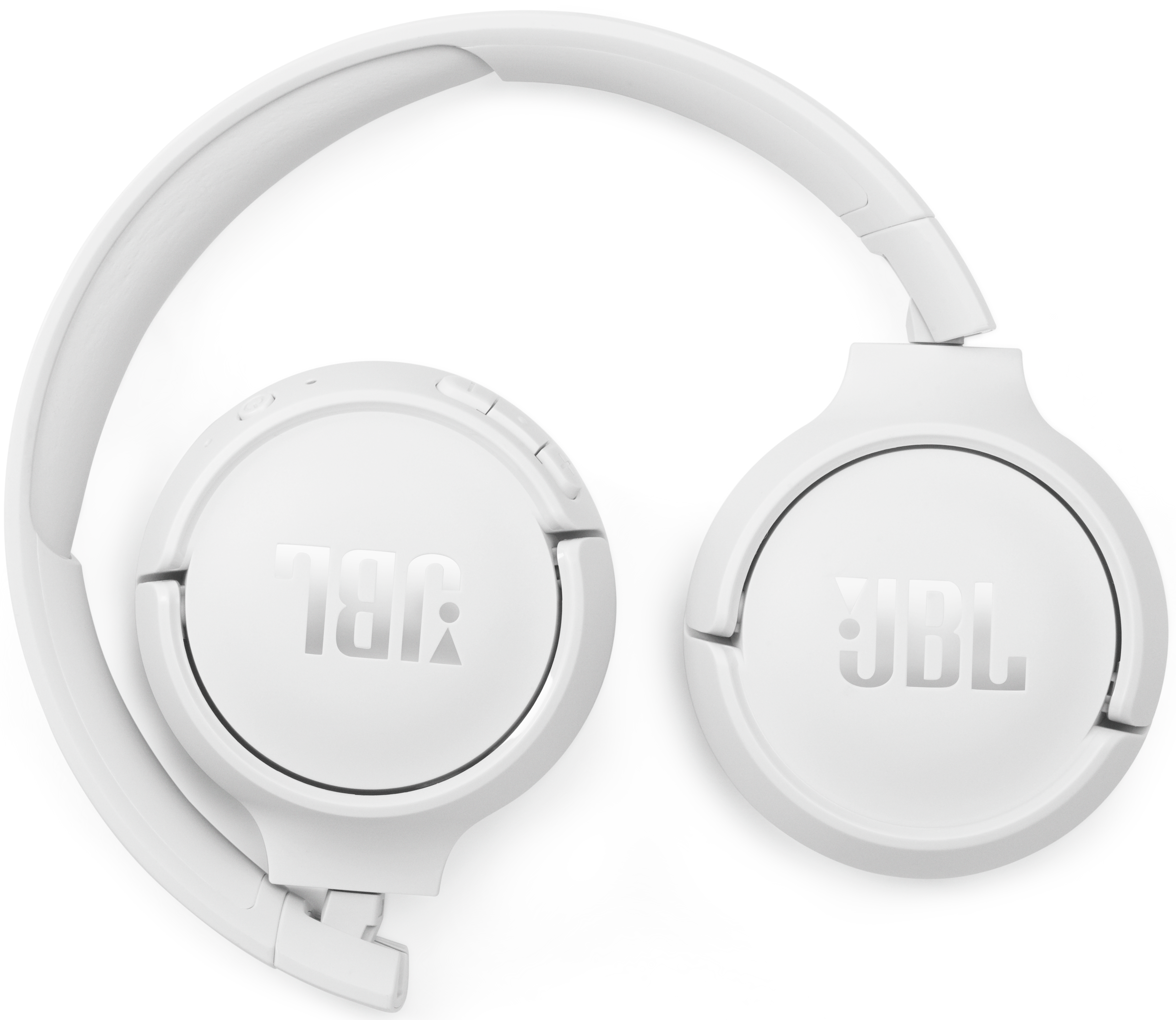 Weiße, faltbare JBL-Kopfhörer. Die Ohrmuscheln und das Kopfband sind sichtbar.