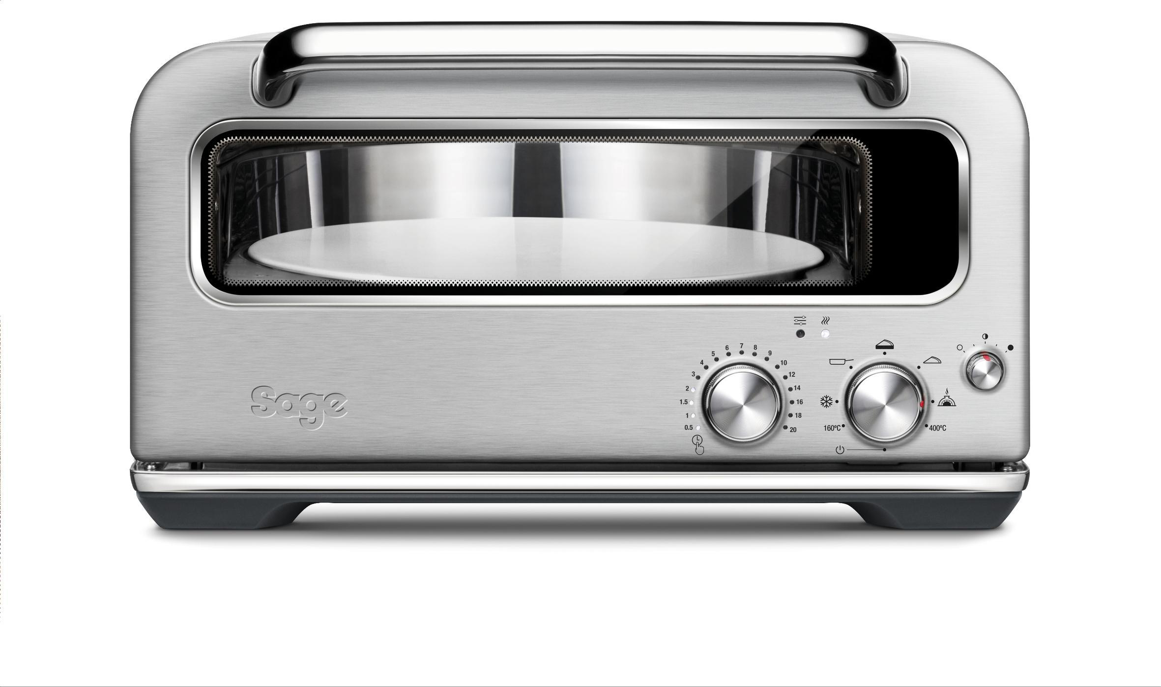 Silberner Sage-Toaster-Ofen mit offener Tür, Drehknöpfen und silbernem Griff.