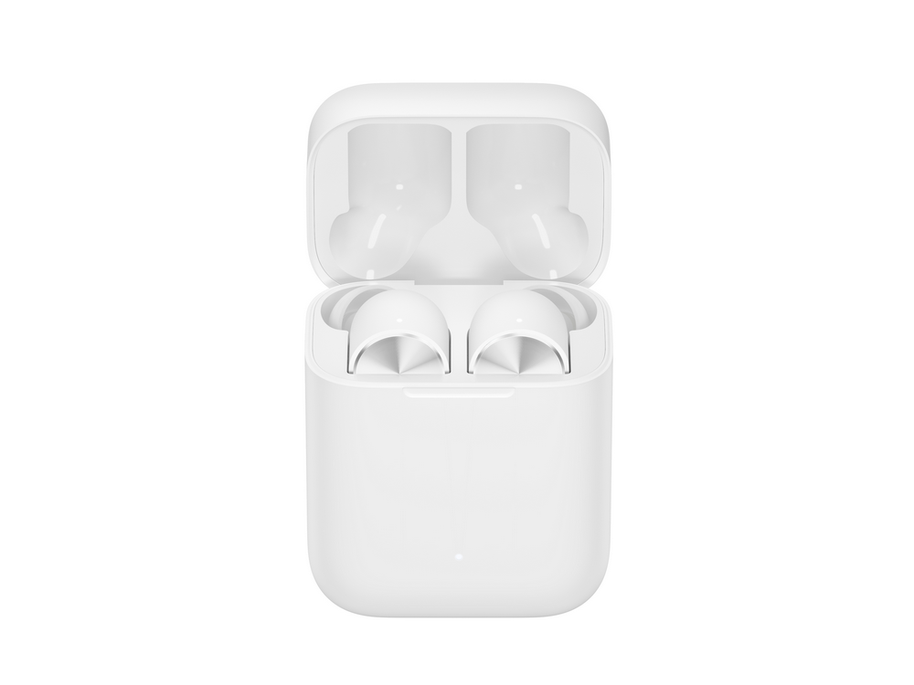 Auriculares inalámbricos blancos con su estuche de carga.