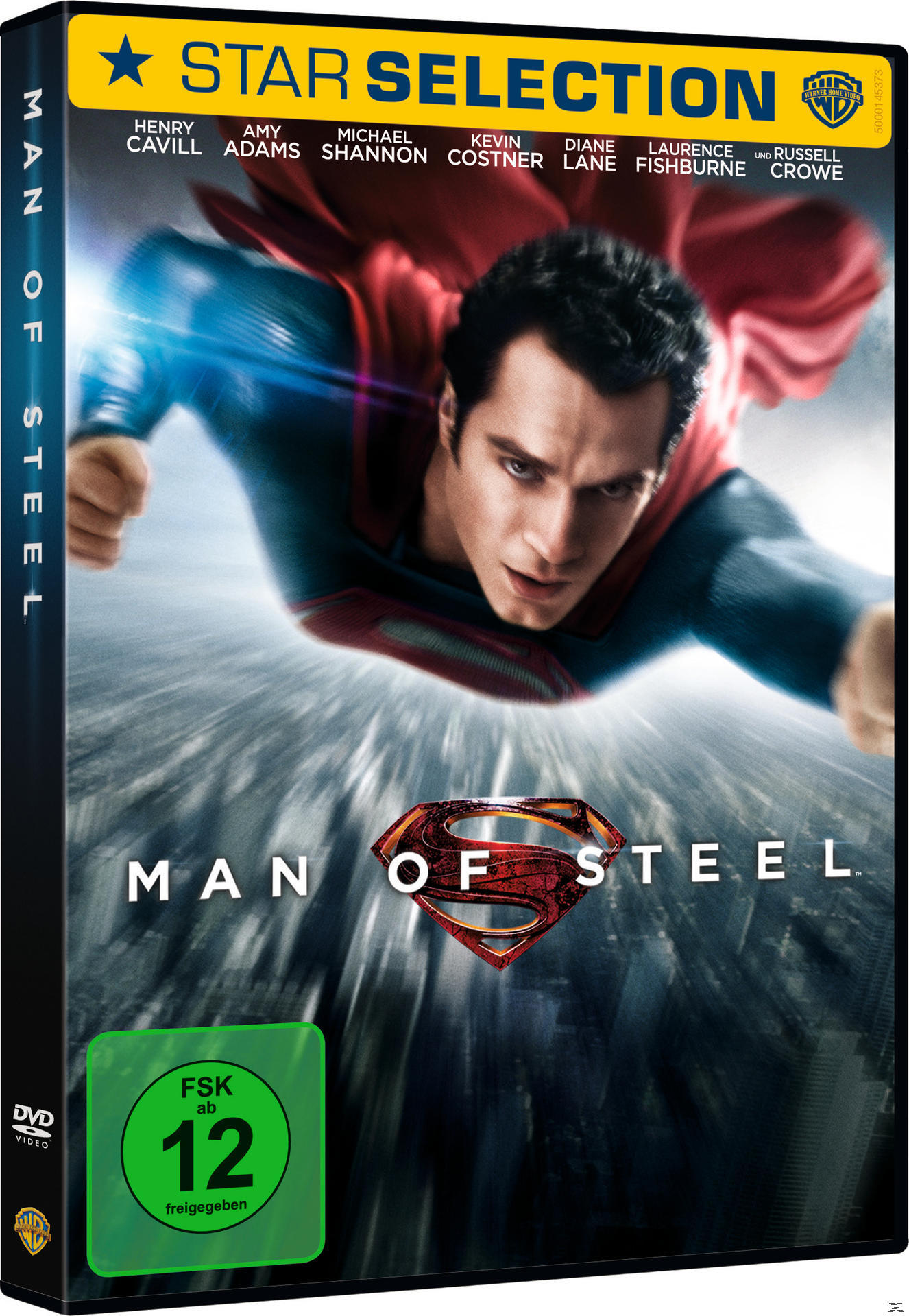 Ein DVD-Cover für den Film Man of Steel mit Superman in der Luft.