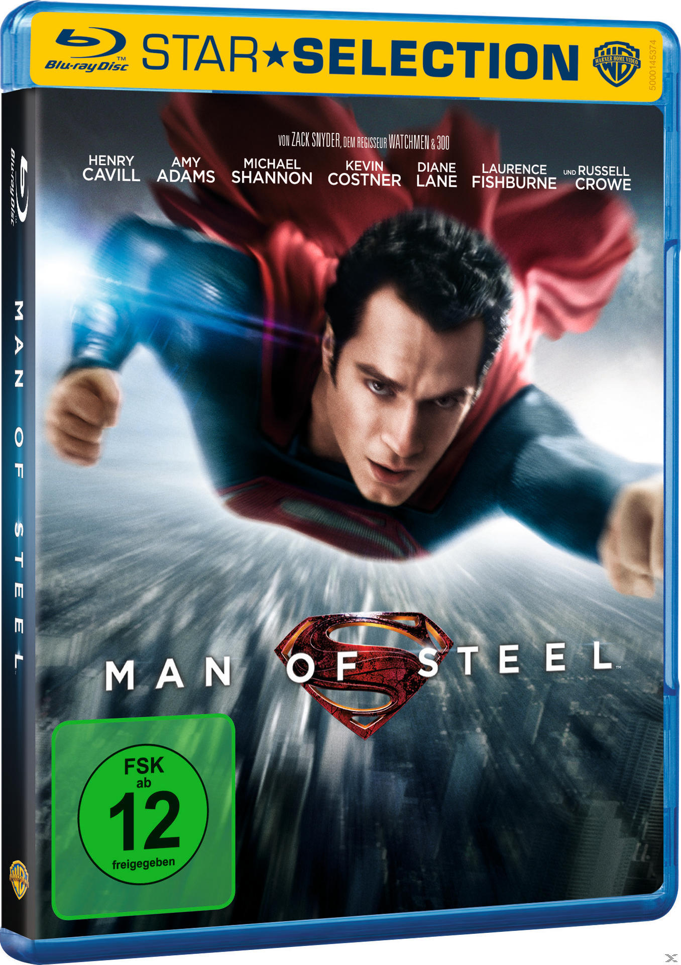 Superman Blu-ray-Disc-Cover. Superman im Flug, rotes Cape, blauer Anzug. Titel: Man of Steel.